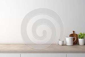 Empty tabletop with white wall for mockups and copy space. Kitchen minimalist interior with wood table. Promotion background