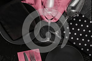 Empty tableware with pink napkin, food styling plating props, deluxe set for wedding, event, date, party or luxury home interior