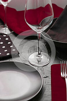 Empty tableware with red napkin, food styling plating props, deluxe set for wedding, event, date, party or luxury home interior