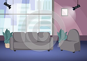 Empty talk show shooting stage flat color vector illustration