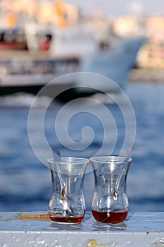 Empty tea glasses on the railings in Istanbul Turkey