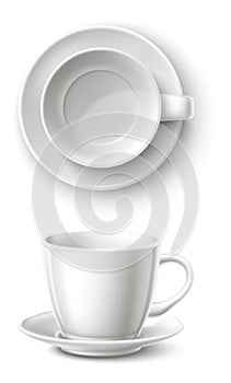 Empty teacup. White ceramic coffee cup top and side view