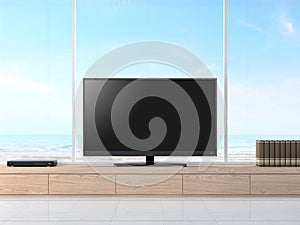 Empty television screen with sea view 3d render