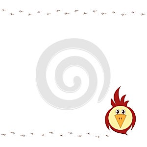 An empty template with a funny stylized bird and track tracks Decorative sparrow or parrot for postcards posters advertisements