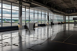 empty terminal with view of the tarmac, showcasing bustling airport in the background