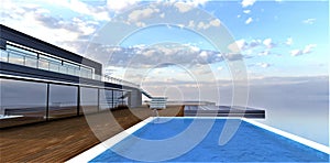 Empty terrace with pool on the roof top of the contemporaty hotel. Nothing is visible because of the fog. 3d rendering