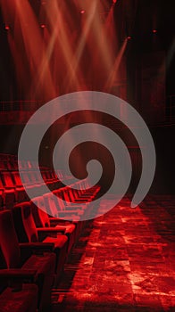 Empty theater with red seats and dramatic lighting