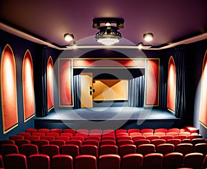 An empty theater with red seats and a stage in the center.