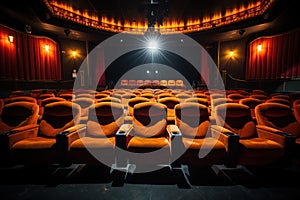 An empty theater with rows of orange chairs. Generative AI image.