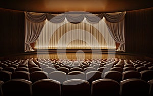 Empty theater with rows of seats in front of stage and curtains.3d rendering