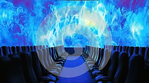 Empty theater seats facing cosmic screen