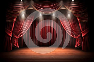 Empty theater stage with red velvet curtains