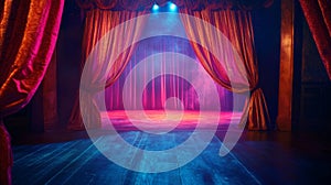 Empty Theater Stage with Red Velvet Curtains and Dramatic Lighting