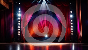 Empty theater stage with spotlights, decoration presentation curtain