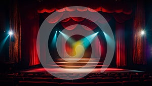 Empty theater stage with spotlights, decoration presentation curtain classic