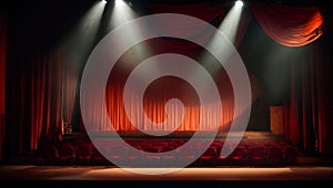 Empty theater stage with spotlights, show entertainment decoration presentation curtain classic entertainment