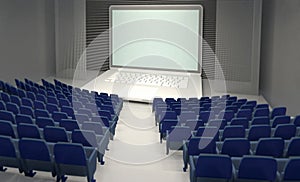 Empty theatre with big notebook on stage, streaming cinema concepts