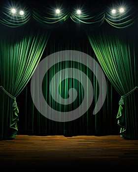 Empty theatre stage with green velvet curtains and spotlights background for montage