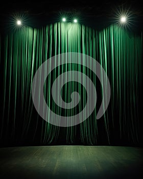 Empty theatre stage with green velvet curtains and spotlights background for montage, presentation new product