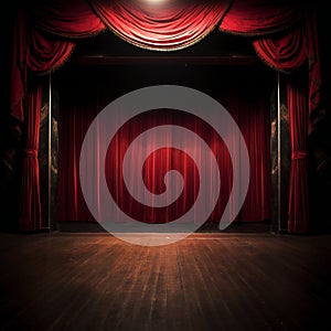 Empty theatre stage with red curtains. Created with generative AI