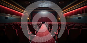 Empty Theatre Stage with the Red Curtains Drawn and Row of Red Seats. Viewed Over Stage. Generative AI