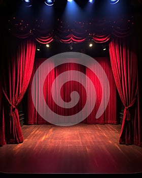 Empty theatre stage with red curtains and spotlights for congratulations, beautiful background with copy space, showcase