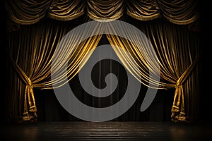 Empty theatre stage with yellow curtain