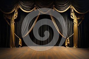 Empty theatre stage with yellow curtain