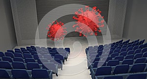 Empty theatre with two big coronavirus on stage
