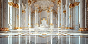 Empty Throne Hall With A Lavishly Decorated White Throne At The Center, Copy Space