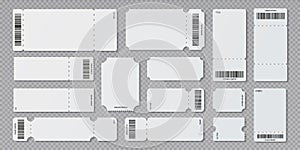 Empty ticket template. Concert movie theater and boarding blank white tickets, lottery coupons with ruffle edges. Vector