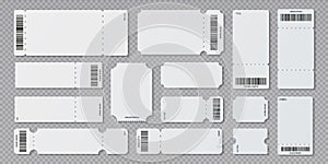 Empty ticket template. Concert movie theater and boarding blank white tickets, lottery coupons with ruffle edges. Vector photo