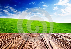 Empty tiles at wooden tabel landscape with green grass and blue sky with clouds on the farm in beautiful summer sunny day. Clean, photo