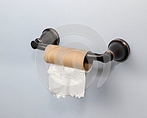 Empty toilet paper roll on holder in bathroom