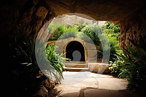 Empty tomb carved out of rock in a beautiful garden