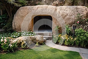 Empty tomb carved out of rock in a beautiful garden