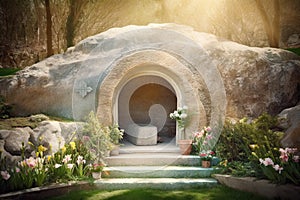 Empty tomb carved out of rock in a beautiful garden