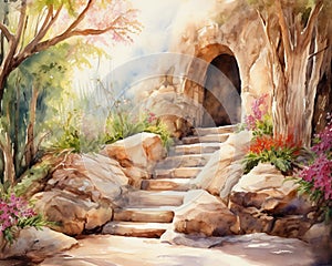 an empty tomb carved out of rock in a beautiful garden.