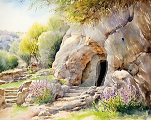 an empty tomb carved out of rock in a beautiful garden.