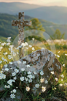 Empty tomb with cross on meadow at sunrise good friday concept of resurrection and hope