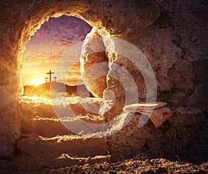Empty Tomb With Crucifixion At Sunrise