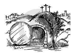 Empty tomb of Jesus Christ. Crucifixion on Calvary. City of Jerusalem. Easter sketch