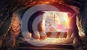 Empty tomb of Jesus Christ the resurrection after the crucifixion salvation Generative AI Illustration