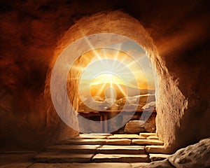 an empty tomb of Jesus Christ in the sun.