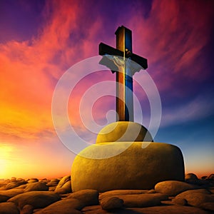 empty tomb of Jesus Christ at sunrise resurrection