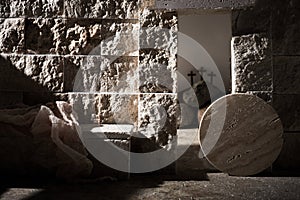 Empty tomb while light shines from the outside. Jesus Christ Resurrection. Christian Easter concept.