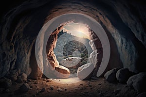 Empty tomb, resurrection of Jesus Christ. Easter themed image, Generative AI