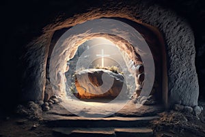 Empty tomb, resurrection of Jesus Christ. Easter themed image, Generative AI