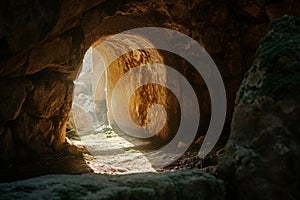 Empty tomb with stone rocky cave and light rays bursting from within. Easter resurrection of Jesus Christ. Christianity