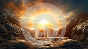 Empty tomb at sunrise - resurrection concept created with Generative AI